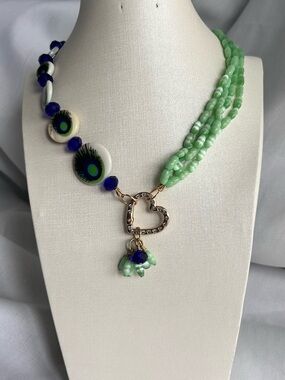 Handcrafted Green and Blue Beaded Necklace with Heart Pendant